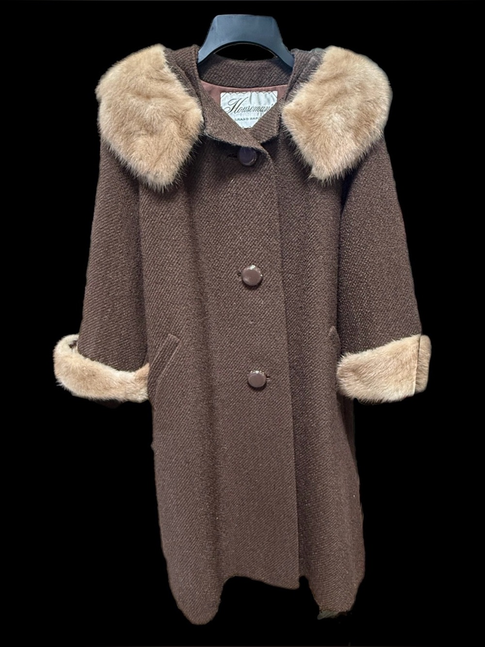 60's Vintage Houseman Grand Rapids Sycamore Brown Wool Satin Lined Mink Fur